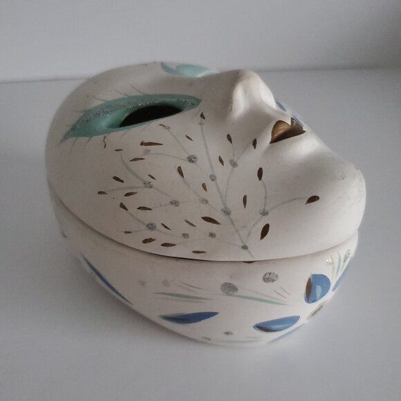 Jewellery Trinket Dish Chalkware Ceramic Hand Painted Mardi Gras Mask Peacock - Picture 5 of 6
